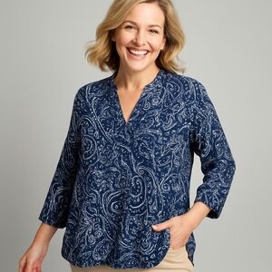 Carole Little Woman 1X Navy White Floral Paisley 100% Linen Button Blouse Coast